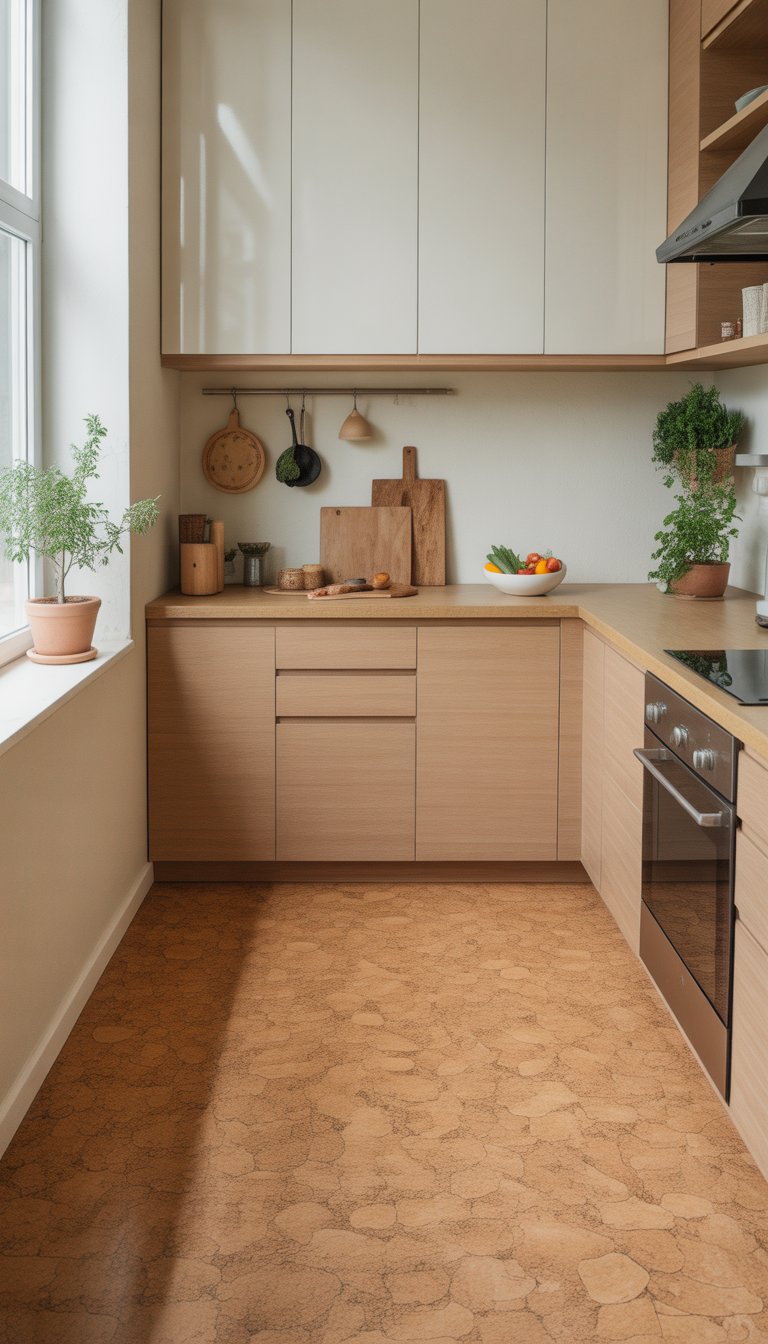 A small kitchen with textured cork flooring, light wood cabinets, and natural light coming through a window.