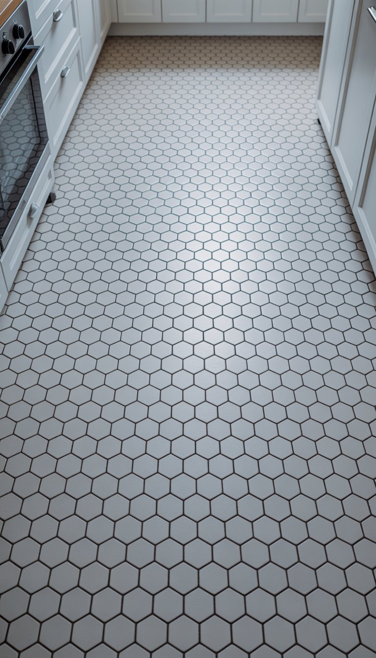 Close-up view of a small kitchen floor with matte white hexagonal tiles.
