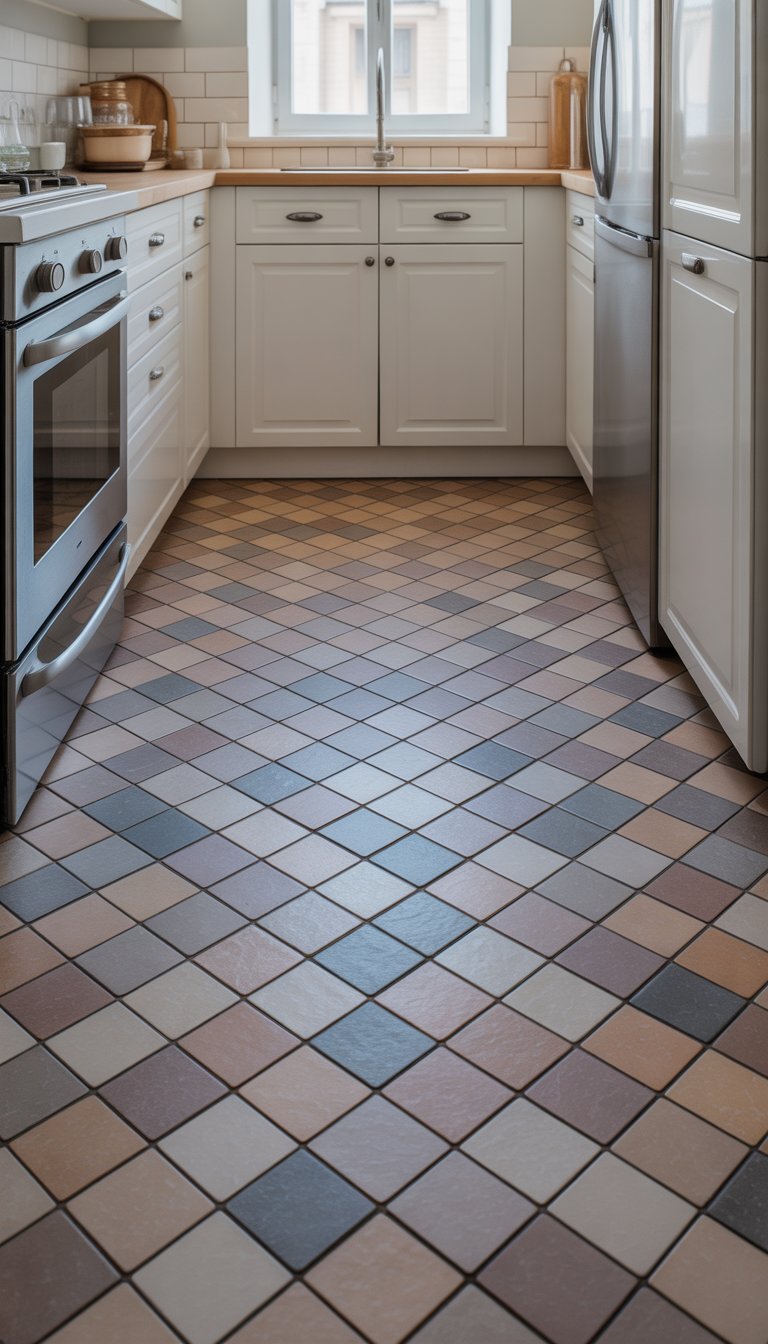 Small kitchen with diagonal tile flooring, white cabinets, and stainless steel appliances