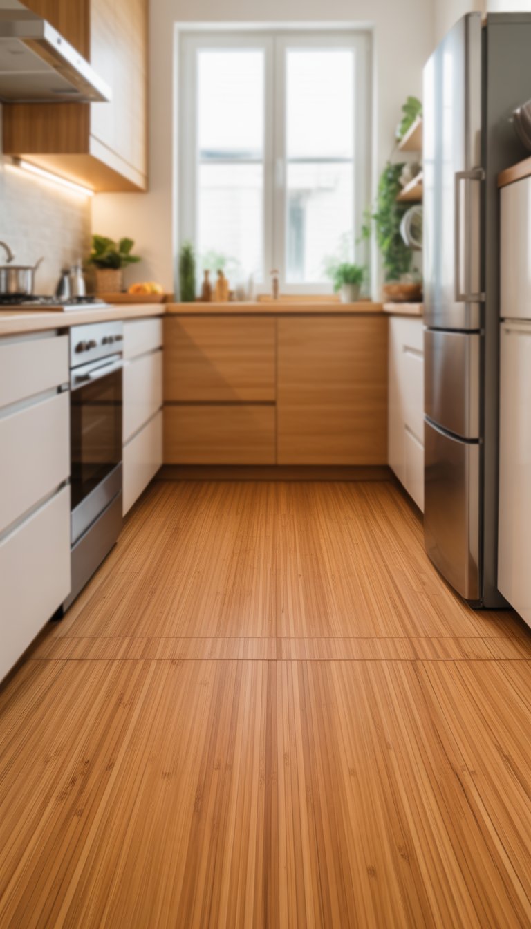 A small kitchen with warm-toned bamboo flooring, light cabinetry, stainless steel appliances, and green plants by a window.