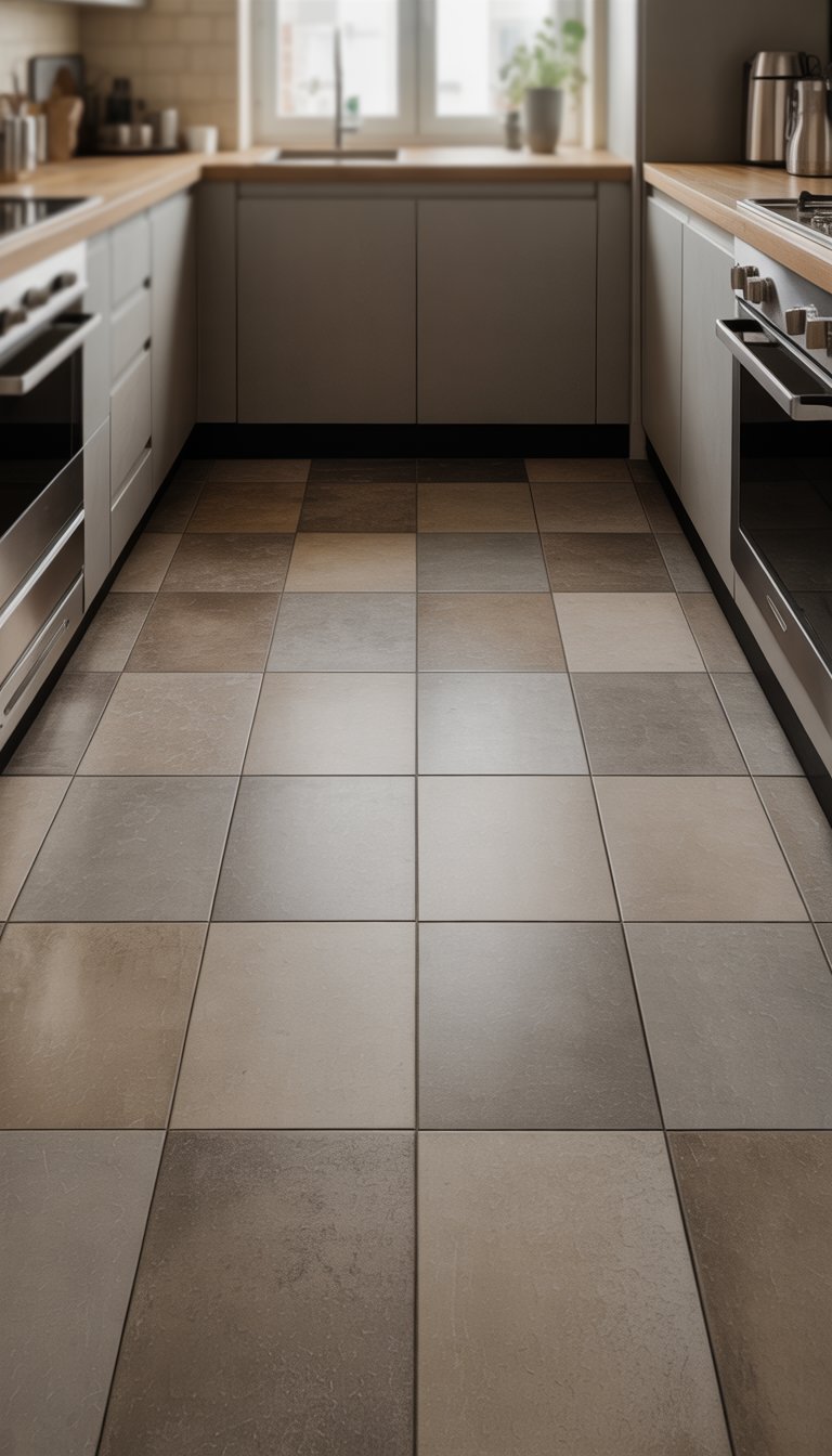 Small kitchen with gray concrete-look tile flooring, modern cabinets, and stainless steel appliances.