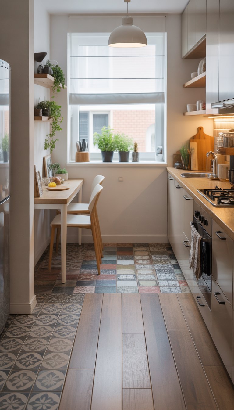 A small kitchen with various flooring options including hardwood, patterned tiles, and vinyl planks, featuring white cabinets, a dining nook, and natural light.