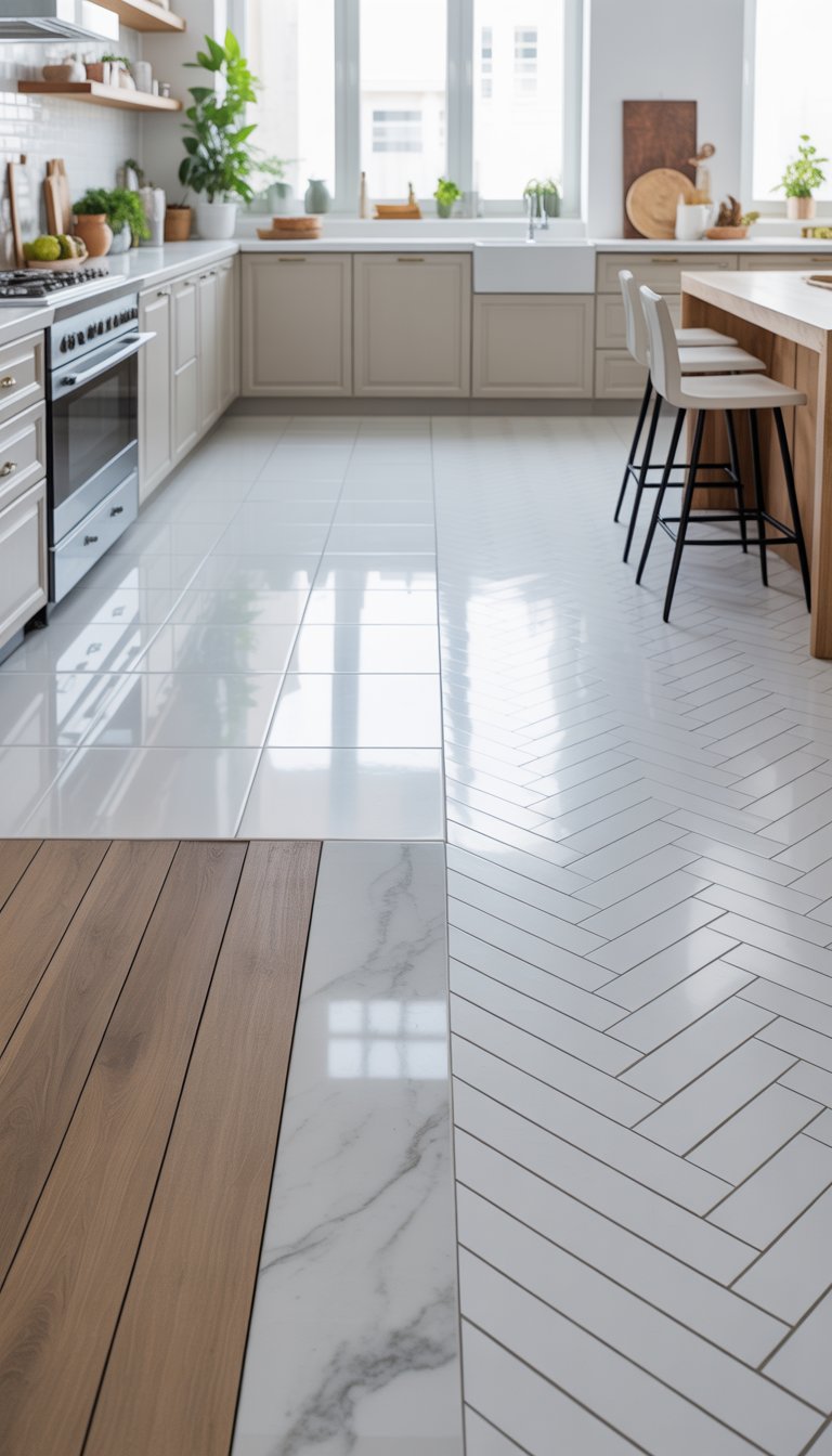 A bright kitchen with various white flooring styles including tiles and wood, natural light, and modern kitchen furnishings.