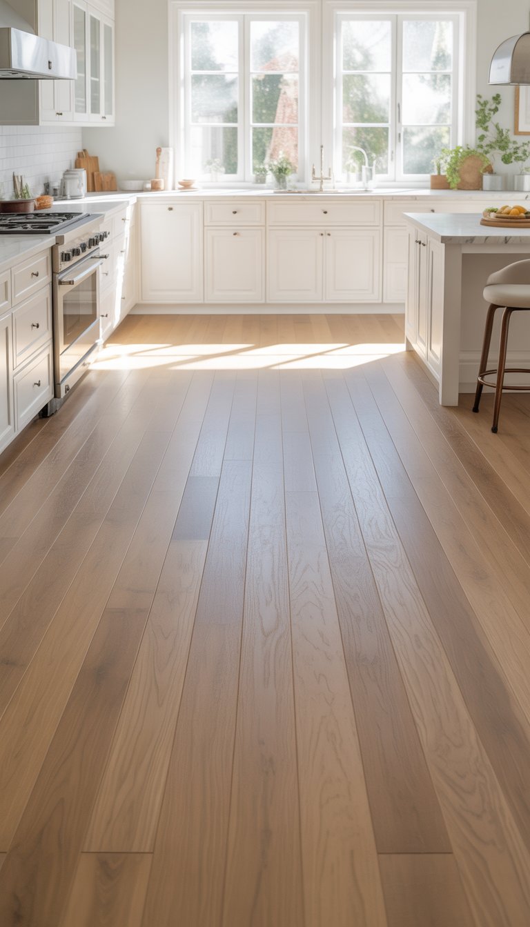 A bright kitchen with white cabinets and light wood flooring made of white oak hardwood.