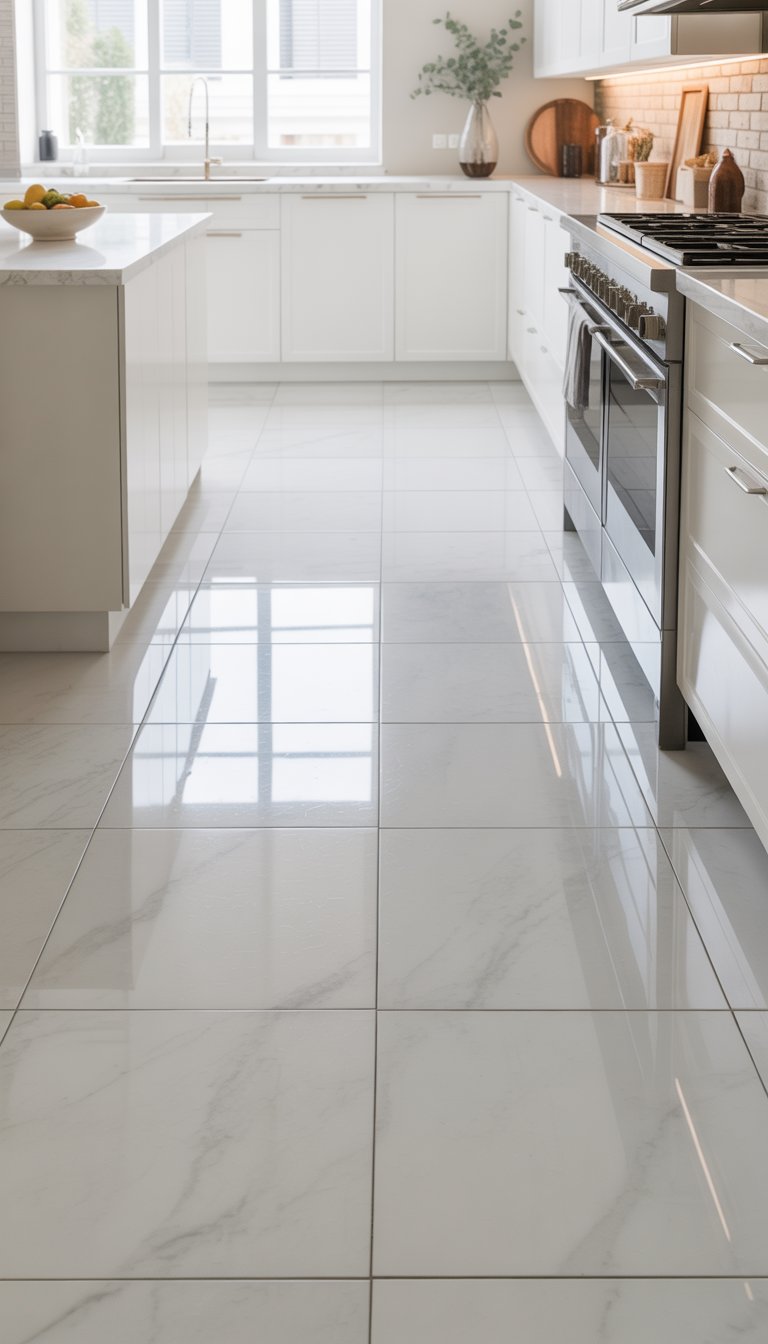 A bright kitchen with white marble tile floors, white cabinets, and stainless steel appliances.