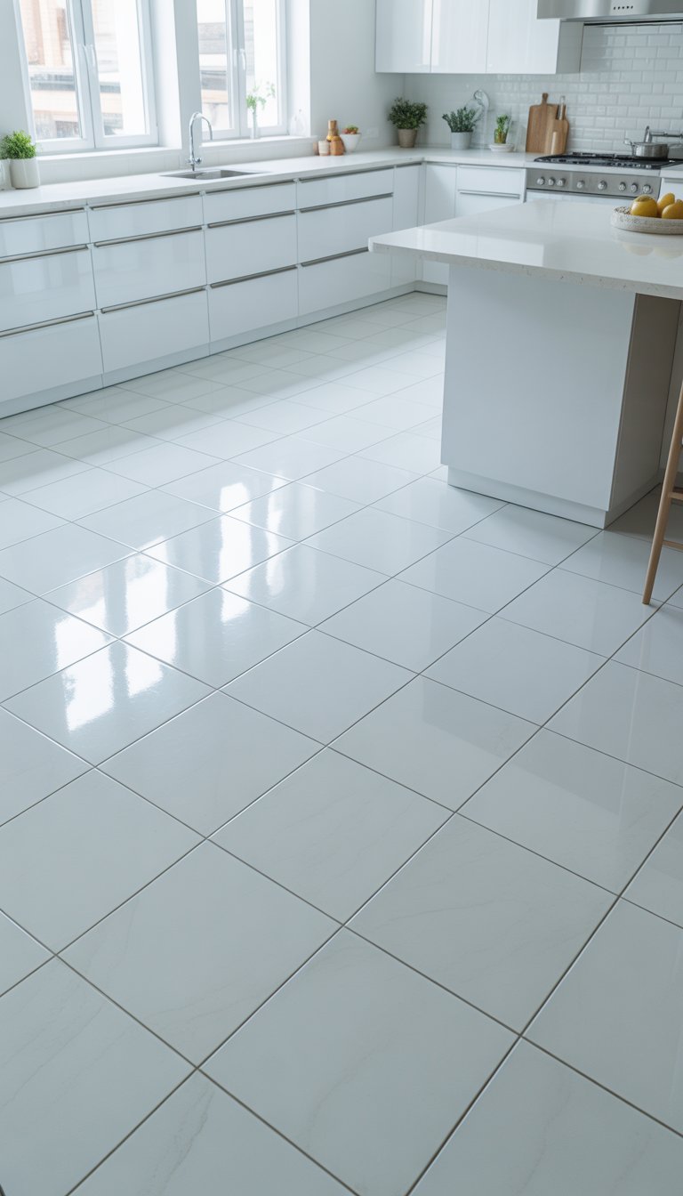 A bright kitchen with white porcelain floor tiles, white cabinets, a central island, and natural light coming through large windows.