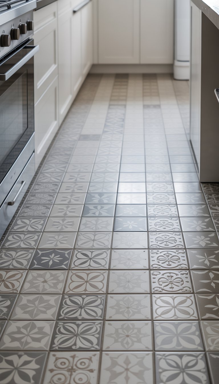 A kitchen floor covered with patterned white ceramic tiles, with parts of white cabinets and appliances visible.
