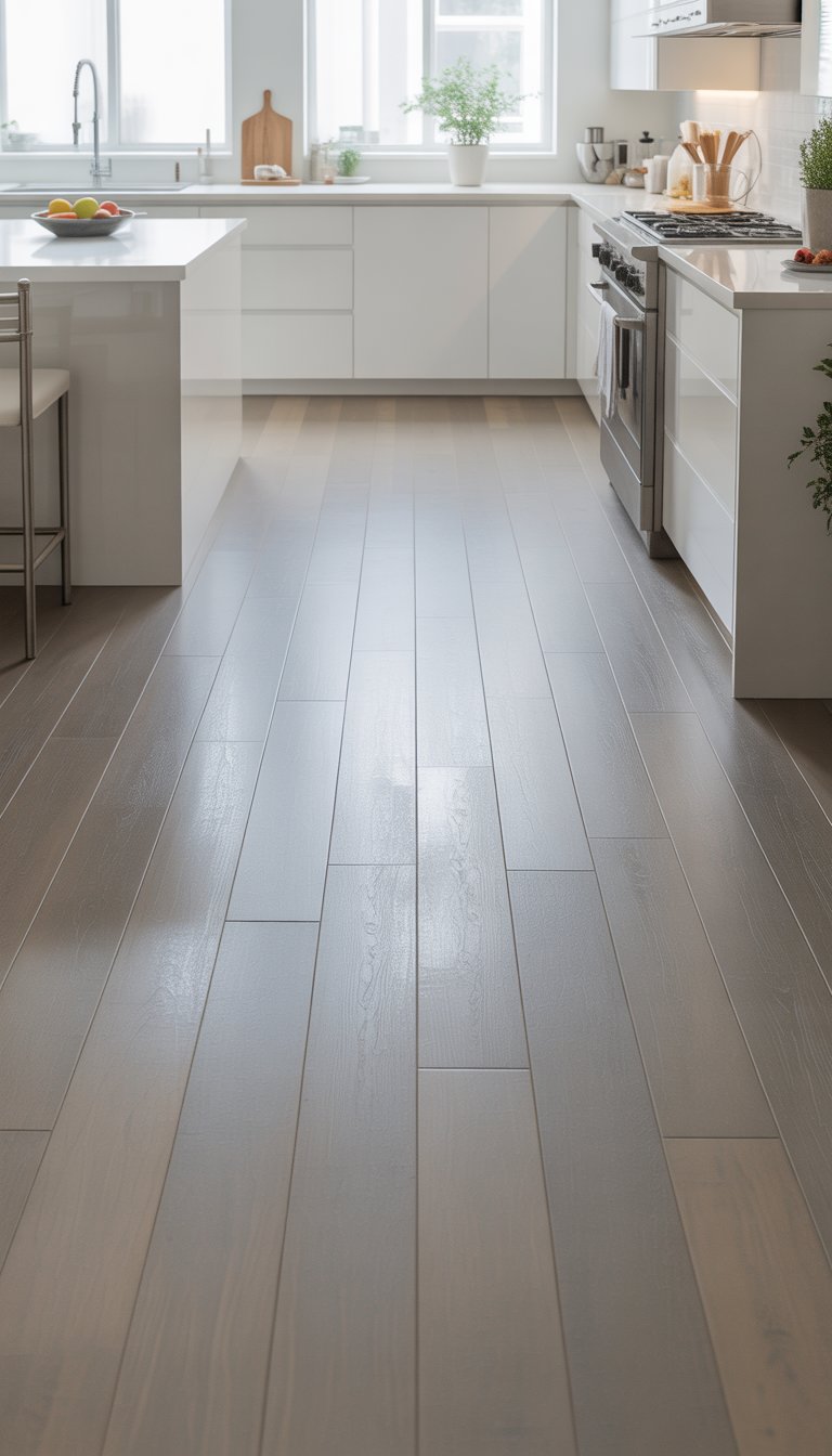 A modern kitchen with light gray wood floors, white cabinets, a kitchen island, and large windows letting in natural light.