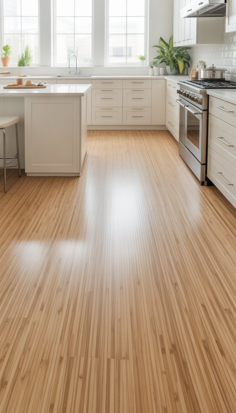 Bright kitchen with white cabinets and whitewashed bamboo flooring illuminated by natural light.