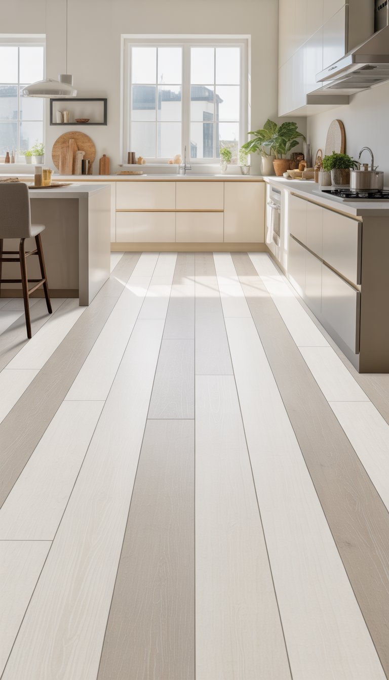 A bright kitchen with white cabinetry and white wood-textured flooring illuminated by natural light.