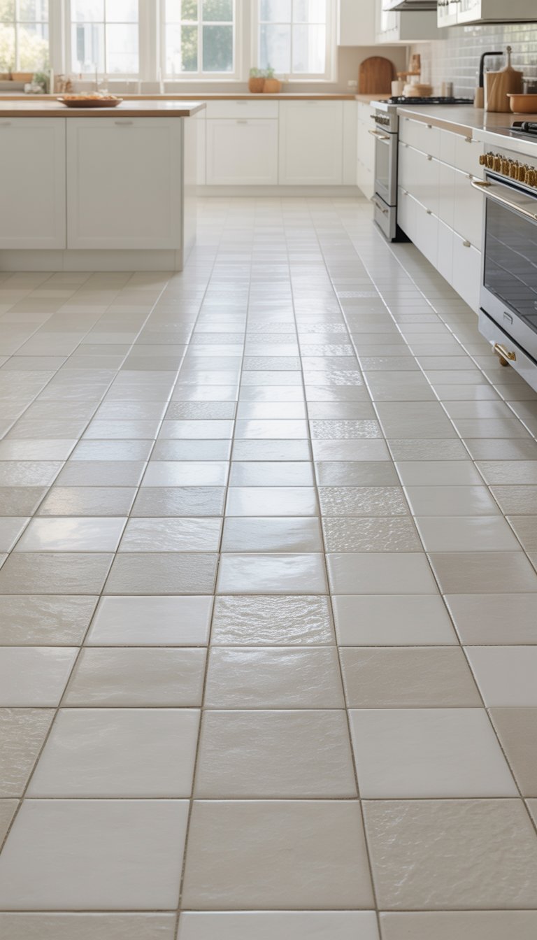 A modern kitchen with white porcelain tile flooring, white cabinets, and stainless steel appliances.