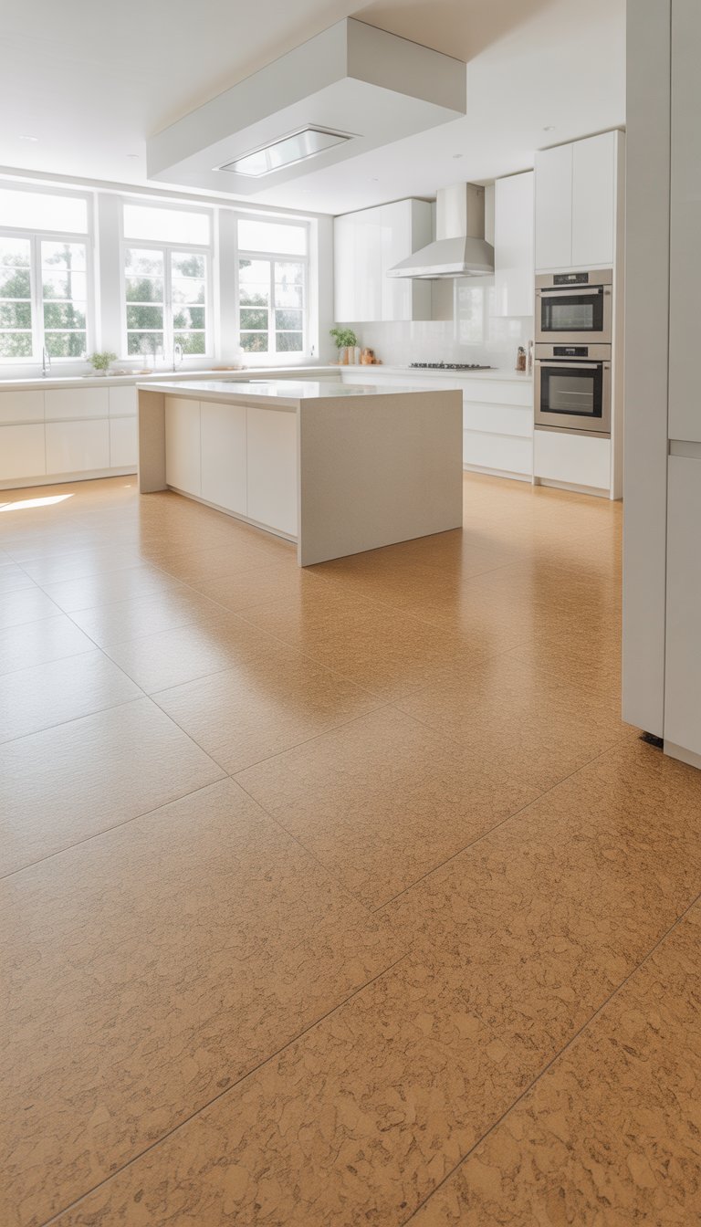 A modern kitchen with white cork flooring, white cabinets, and stainless steel appliances illuminated by natural light.