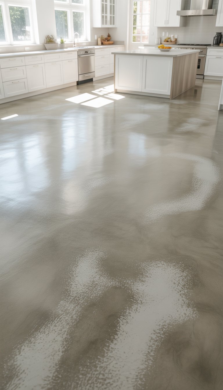 A bright kitchen with white cabinets and concrete floors that have a light white stain.