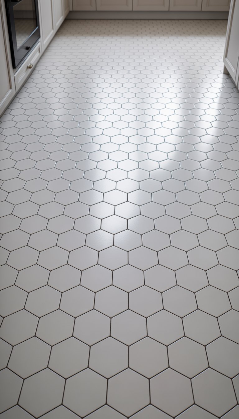 A kitchen floor covered with white hexagonal tiles arranged in a neat pattern.