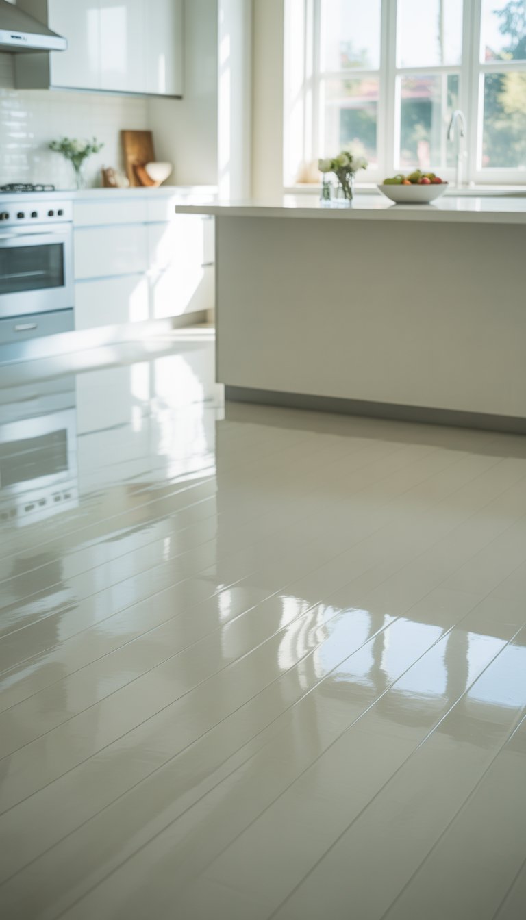 A modern kitchen with shiny white laminate floors, white cabinets, and a large island under natural light.