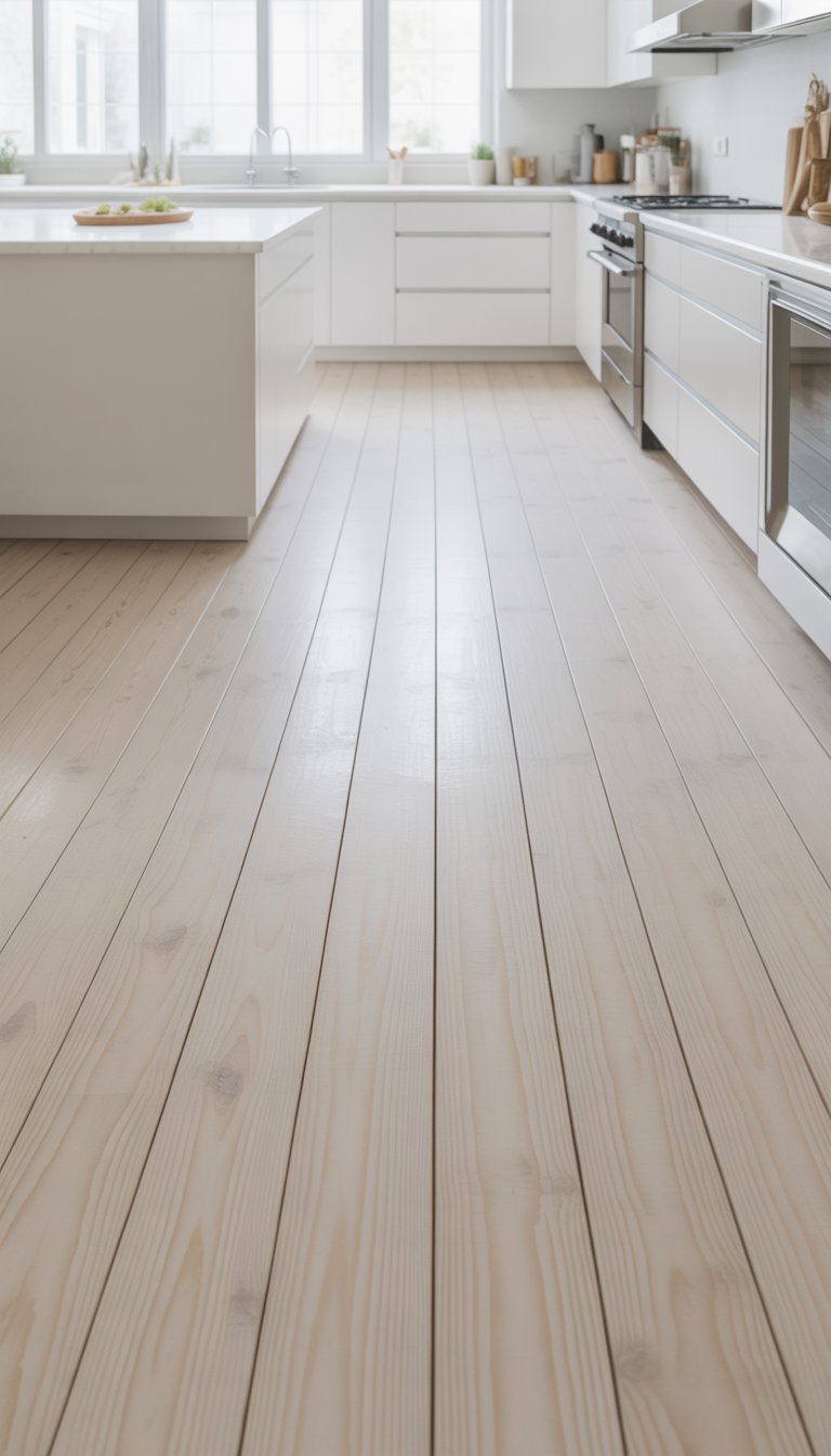 A bright kitchen with white cabinets and eco-friendly whitewashed pine floors illuminated by natural light.