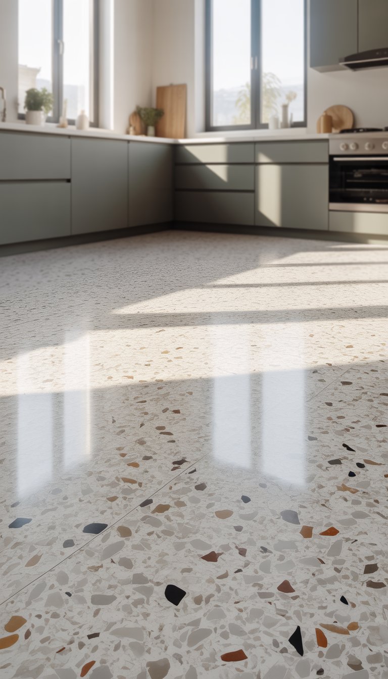 A bright kitchen floor with white terrazzo tiles featuring small multicolored chips.