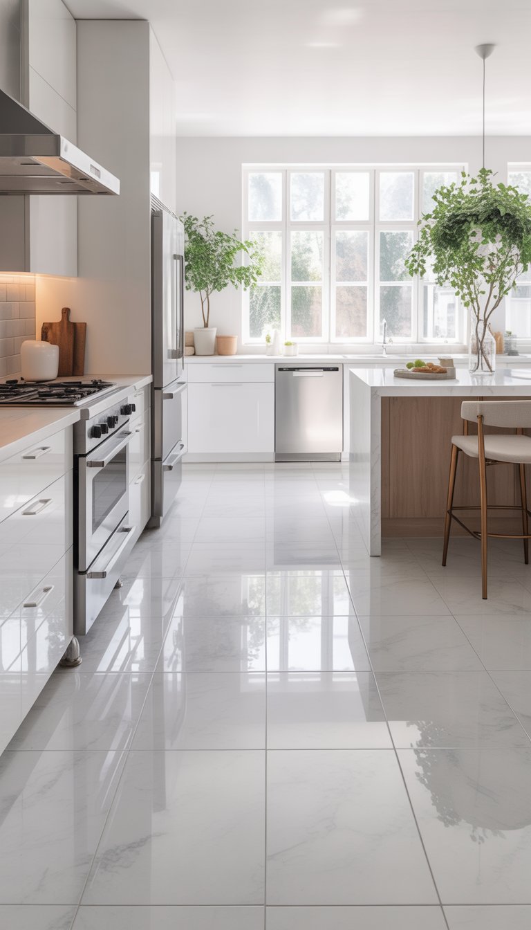 A bright kitchen with white floors, white cabinets, stainless steel appliances, and natural light coming through large windows.