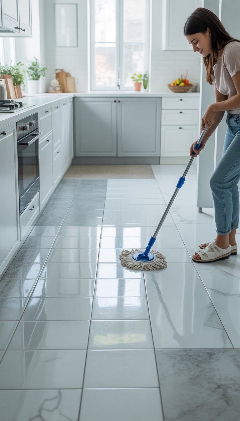 A modern kitchen with various types of clean white flooring and a person mopping the floor.
