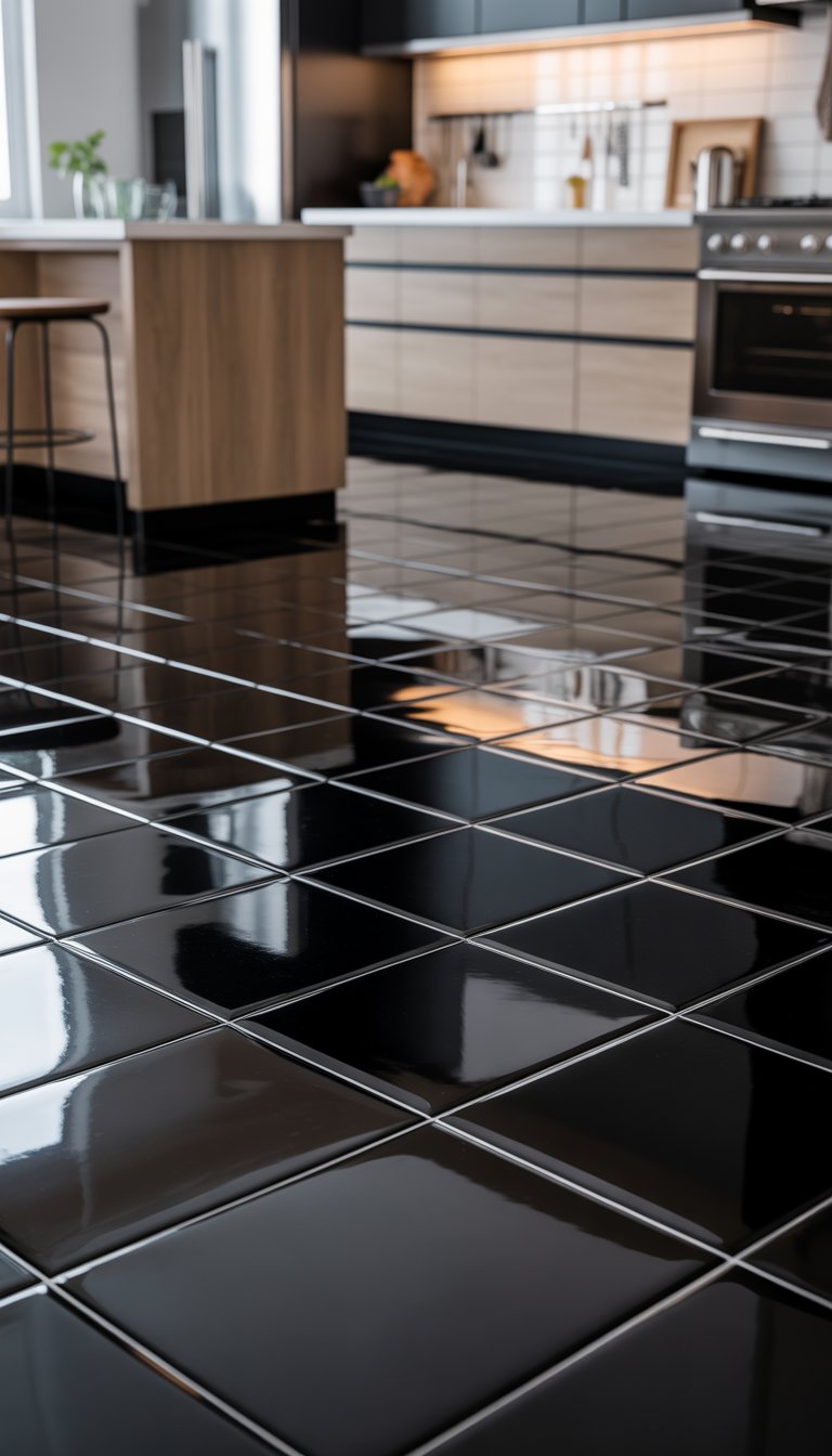 21 Black Kitchen Flooring Ideas to Elevate Your Space 3 A modern kitchen floor with shiny black ceramic tiles reflecting light, with kitchen cabinets and appliances visible in the background.