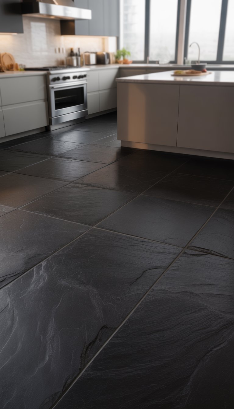21 Black Kitchen Flooring Ideas to Elevate Your Space 4 Modern kitchen with black slate tile flooring, white cabinets, and stainless steel appliances.
