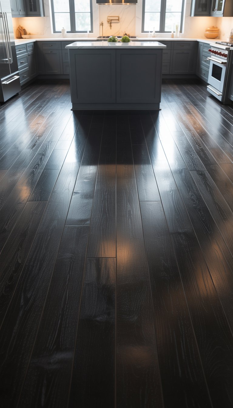 21 Black Kitchen Flooring Ideas to Elevate Your Space 5 A modern kitchen with black hardwood flooring, black cabinets, a central island, and stainless steel appliances.