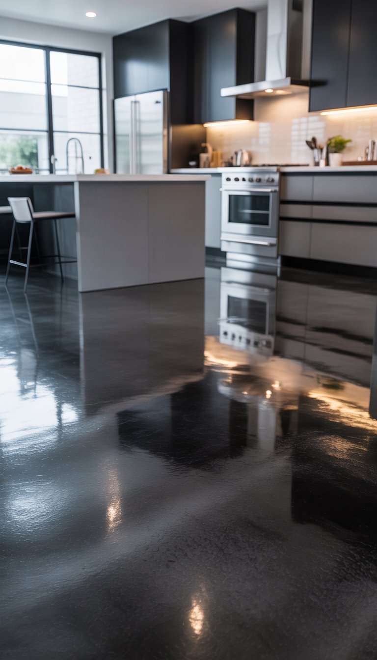 21 Black Kitchen Flooring Ideas to Elevate Your Space 7 A modern kitchen with black concrete floors, dark cabinetry, stainless steel appliances, and a kitchen island with bar stools.