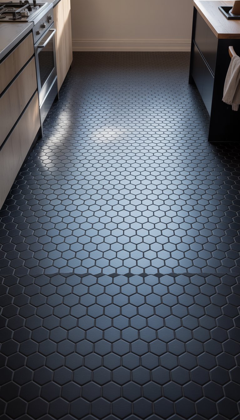 21 Black Kitchen Flooring Ideas to Elevate Your Space 9 Close-up view of a kitchen floor covered with black hexagonal mosaic tiles arranged in a uniform pattern.
