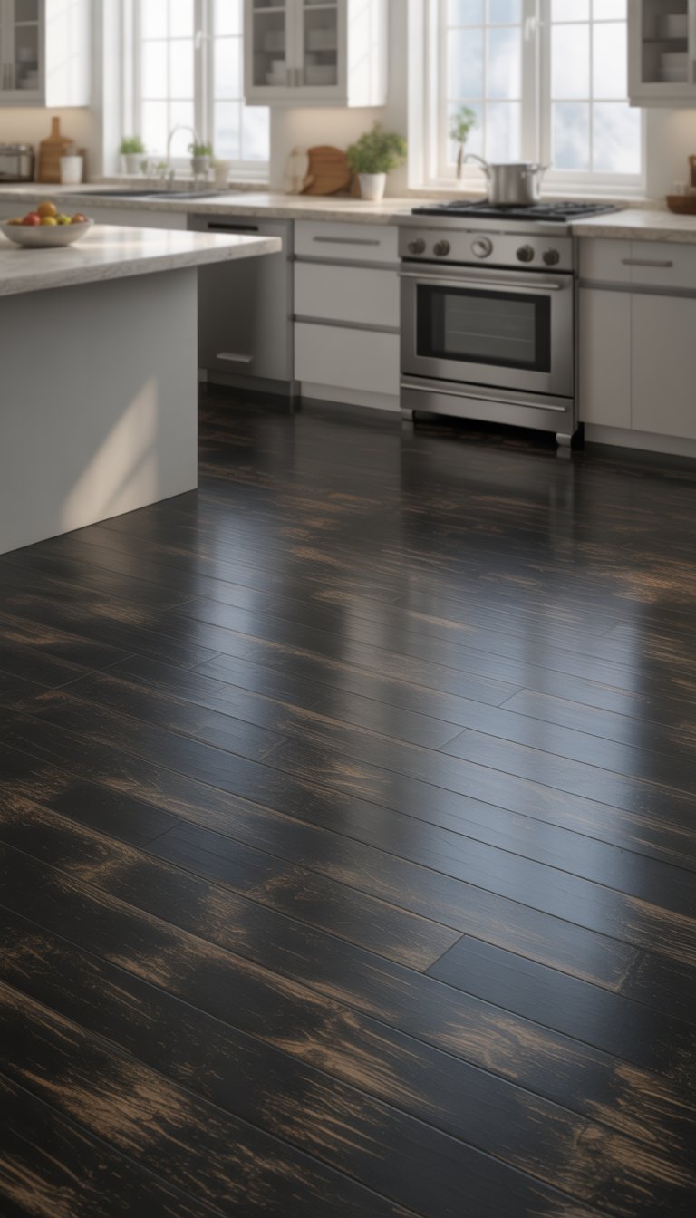 21 Black Kitchen Flooring Ideas to Elevate Your Space 11 Modern kitchen with black stained bamboo flooring, white cabinets, and stainless steel appliances.