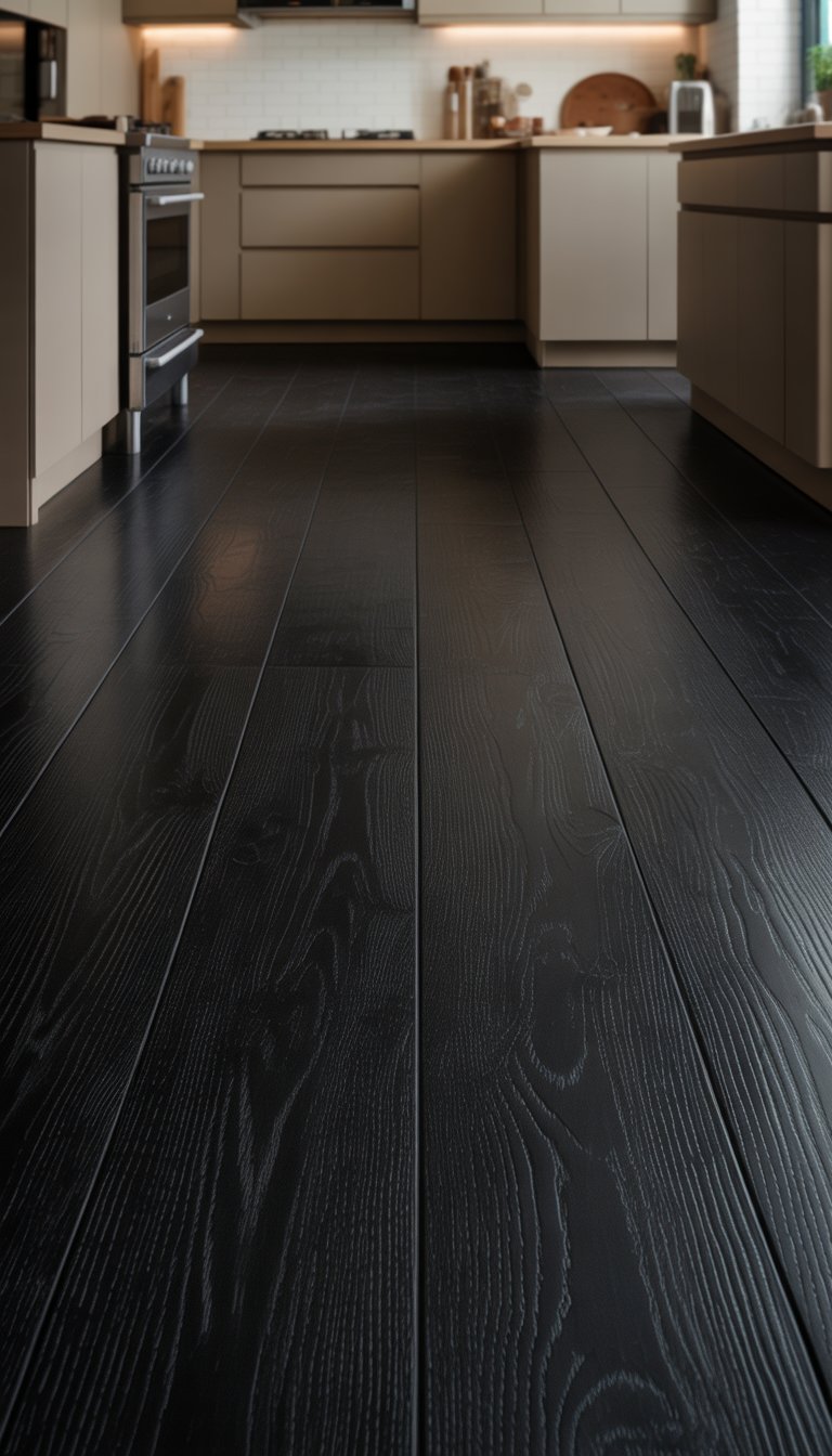 21 Black Kitchen Flooring Ideas to Elevate Your Space 12 A modern kitchen with black laminate wood grain flooring and neutral-colored cabinets.
