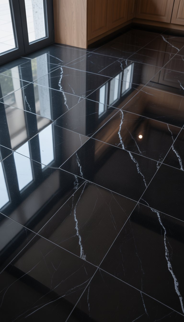 21 Black Kitchen Flooring Ideas to Elevate Your Space 13 Close-up view of black marble kitchen floor tiles with white veining.