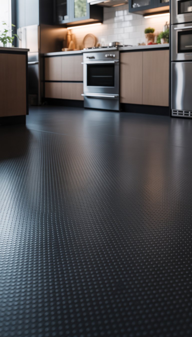 21 Black Kitchen Flooring Ideas to Elevate Your Space 14 Modern kitchen with black textured rubber flooring and contemporary cabinets.