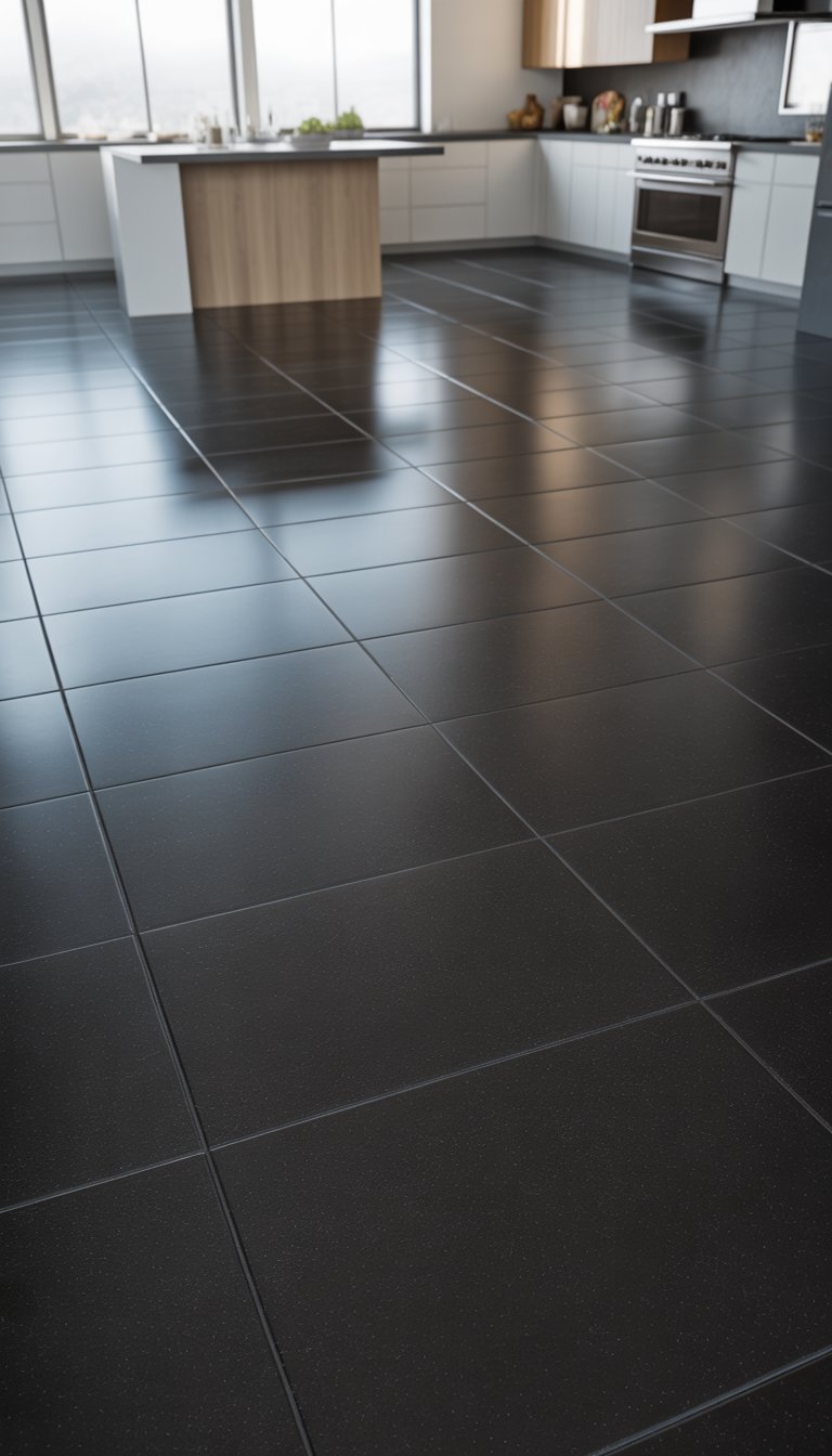 21 Black Kitchen Flooring Ideas to Elevate Your Space 15 A modern kitchen with large black floor tiles, white cabinets, and stainless steel appliances.