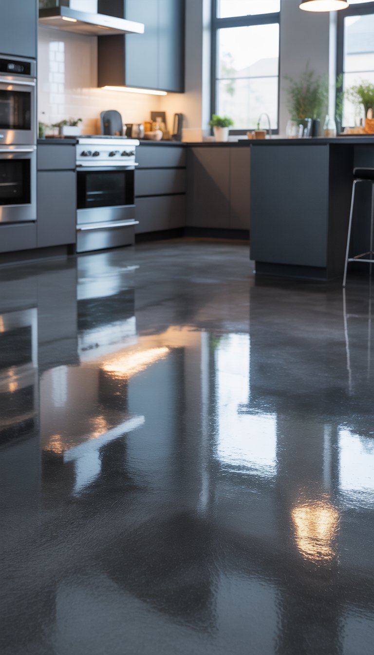21 Black Kitchen Flooring Ideas to Elevate Your Space 17 A modern kitchen with black polished concrete flooring, dark cabinets, and stainless steel appliances.