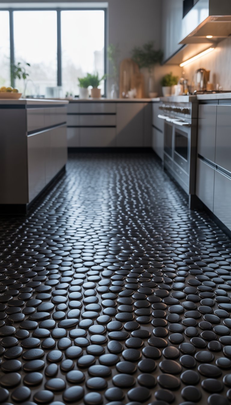 21 Black Kitchen Flooring Ideas to Elevate Your Space 18 Modern kitchen with black pebble stone flooring and minimalist black cabinets.