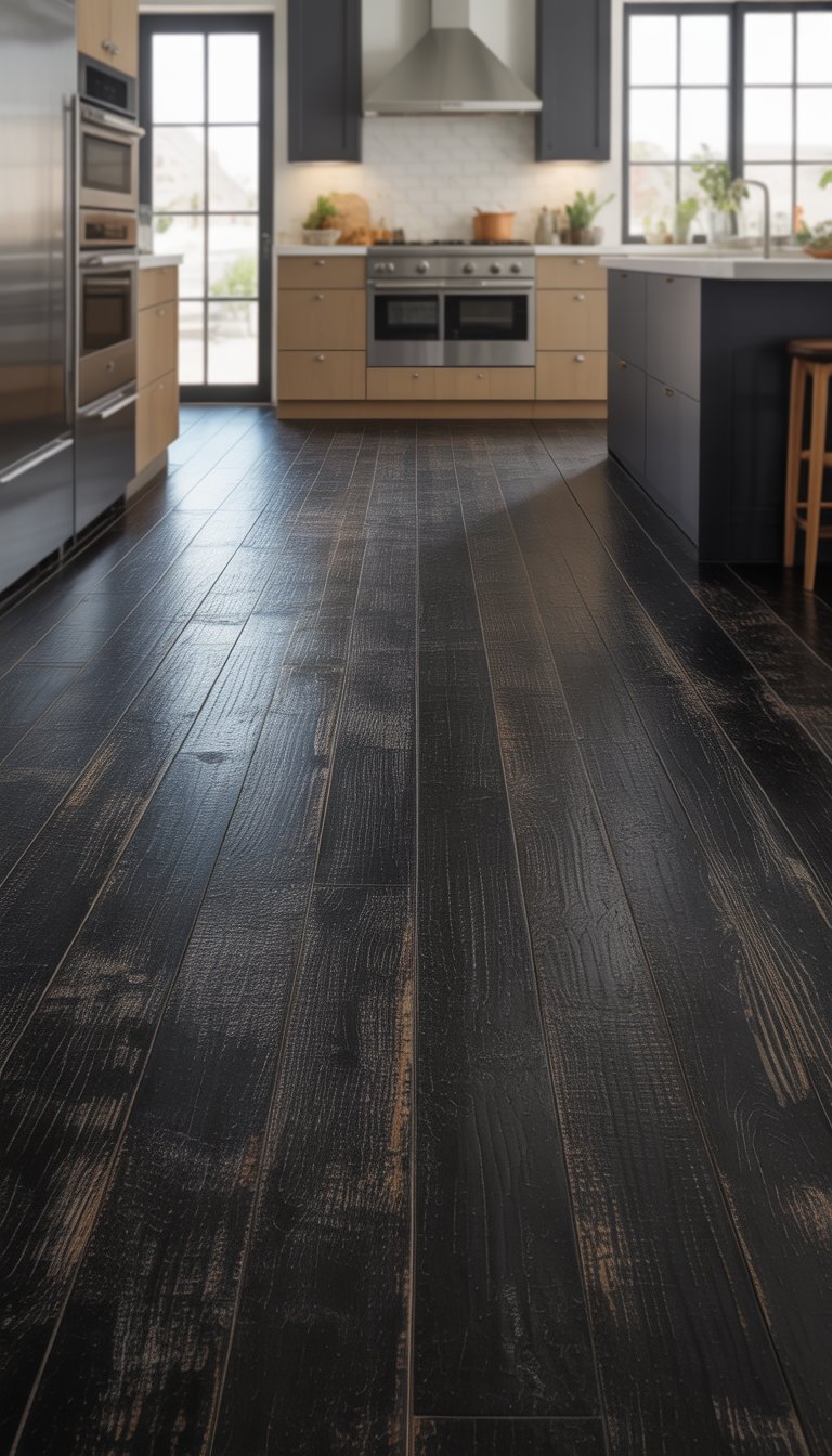 21 Black Kitchen Flooring Ideas to Elevate Your Space 19 A modern kitchen with black distressed wood flooring and natural light coming through large windows.