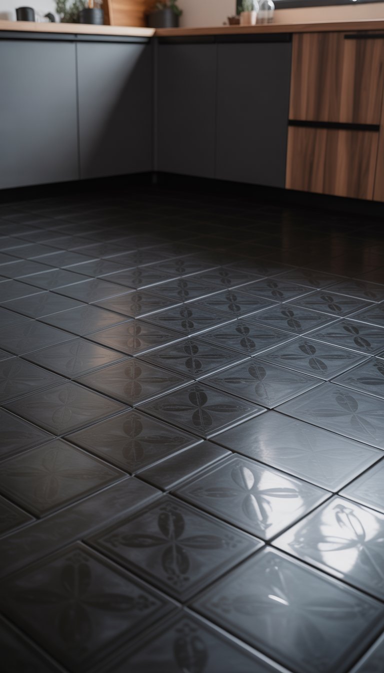 21 Black Kitchen Flooring Ideas to Elevate Your Space 21 A modern kitchen floor with black patterned cement tiles and dark cabinetry.