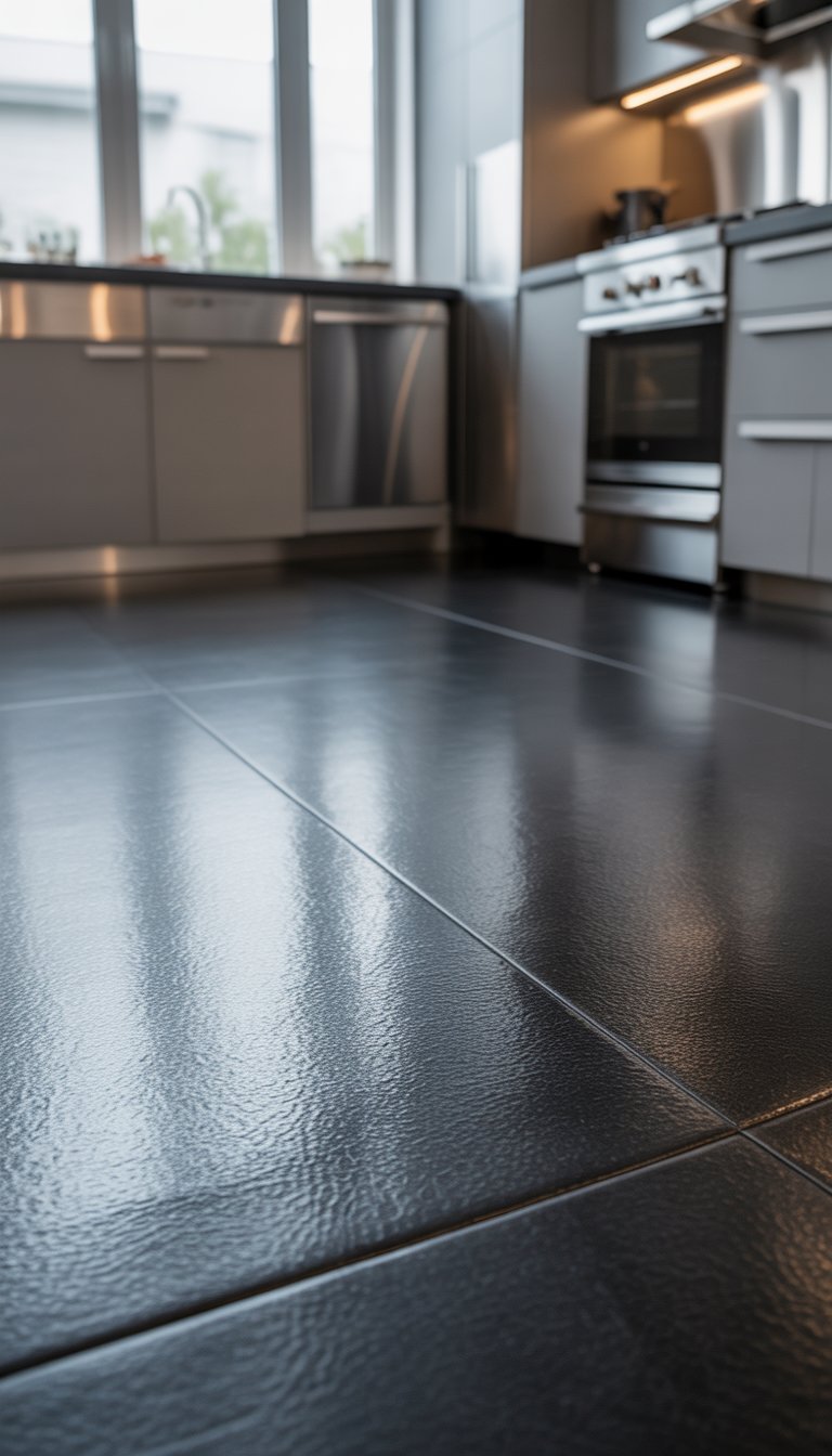 21 Black Kitchen Flooring Ideas to Elevate Your Space 22 A modern kitchen with black textured vinyl flooring, white cabinets, and stainless steel appliances.