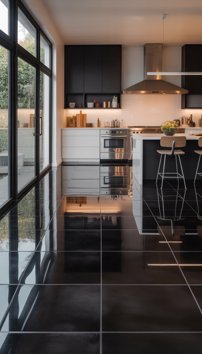 21 Black Kitchen Flooring Ideas to Elevate Your Space 23 A modern kitchen with black flooring, white and dark cabinets, stainless steel appliances, and a kitchen island with bar stools.