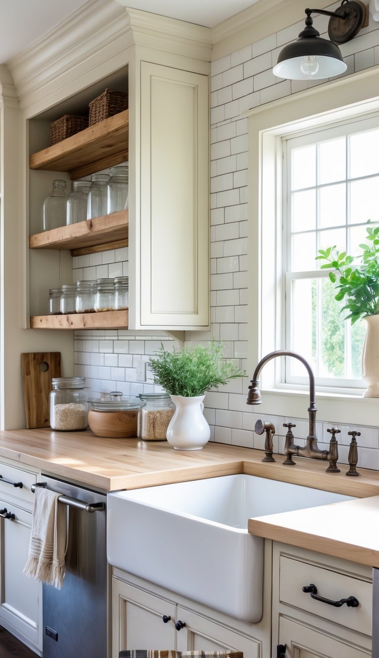 A bright farmhouse kitchen with wooden cabinets, a white tiled backsplash, and a farmhouse sink with natural light coming through a window.