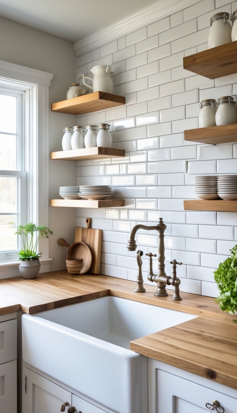 A bright kitchen with white subway tile backsplash, wooden countertops, open shelves, and a farmhouse sink.