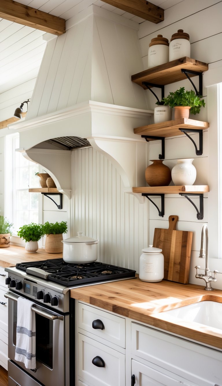 A bright kitchen with white beadboard paneling on the backsplash, wooden countertops, white cabinets, and kitchen utensils on open shelves.