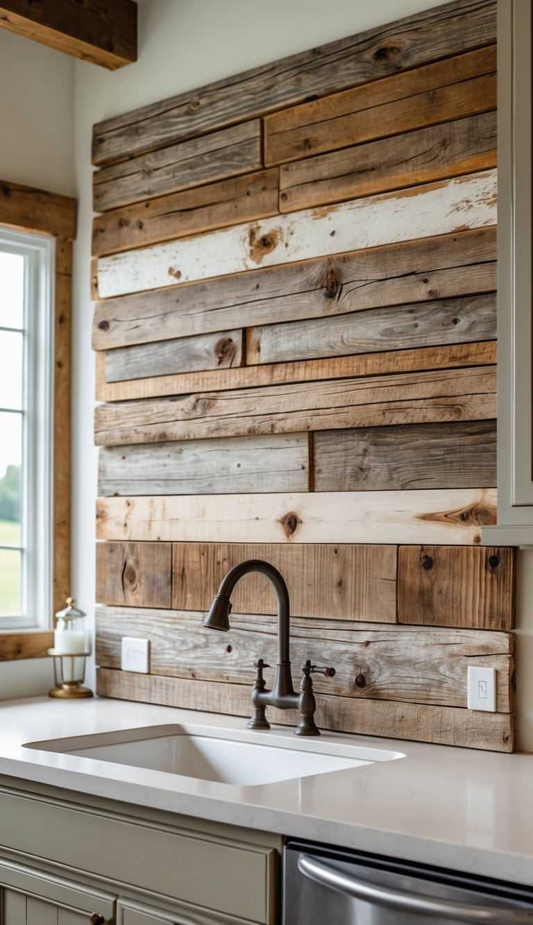 A farmhouse kitchen with a reclaimed barn wood backsplash, white countertop, and a metal faucet.