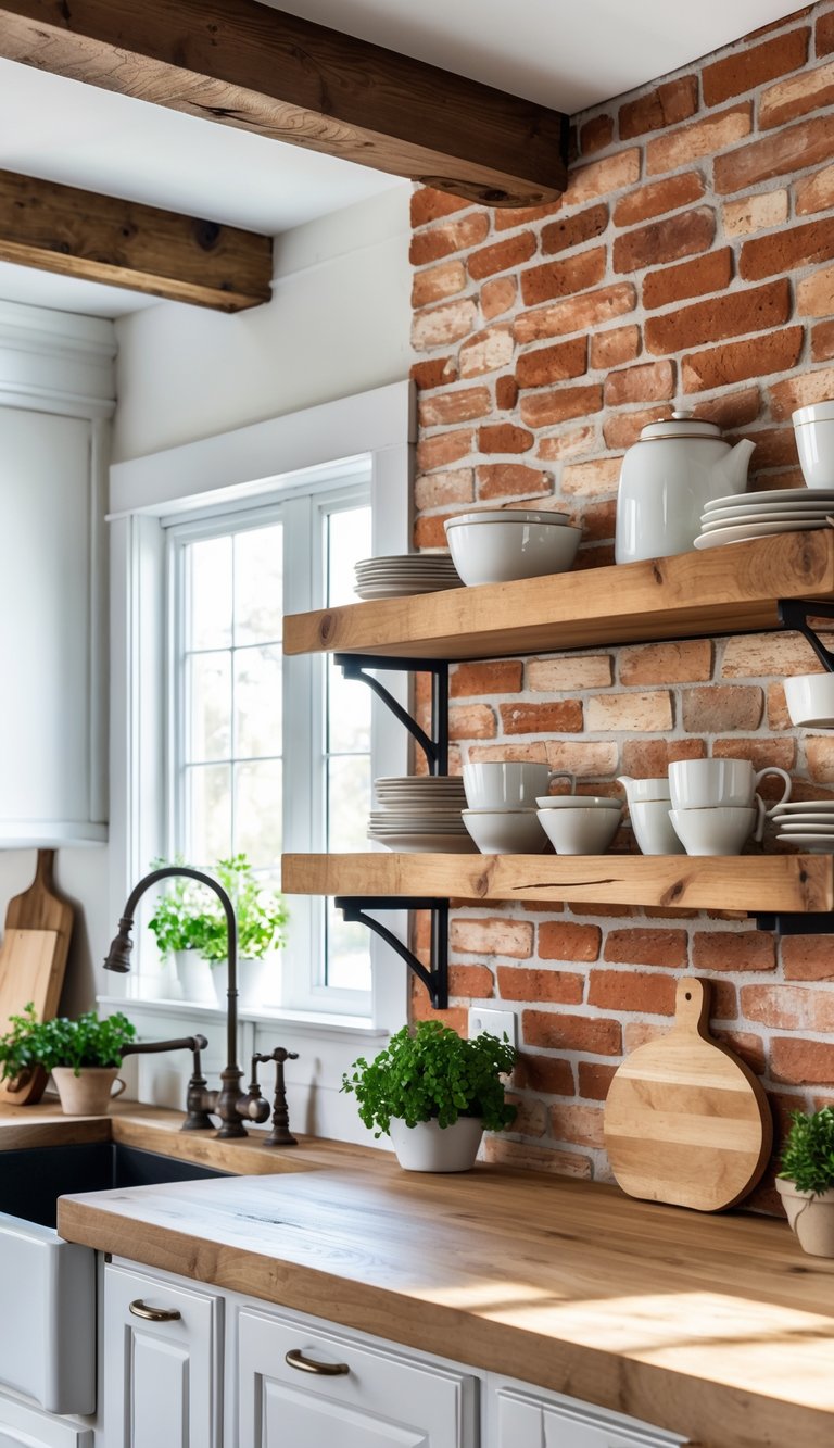 A farmhouse kitchen with white cabinets and a natural brick veneer backsplash illuminated by natural light.