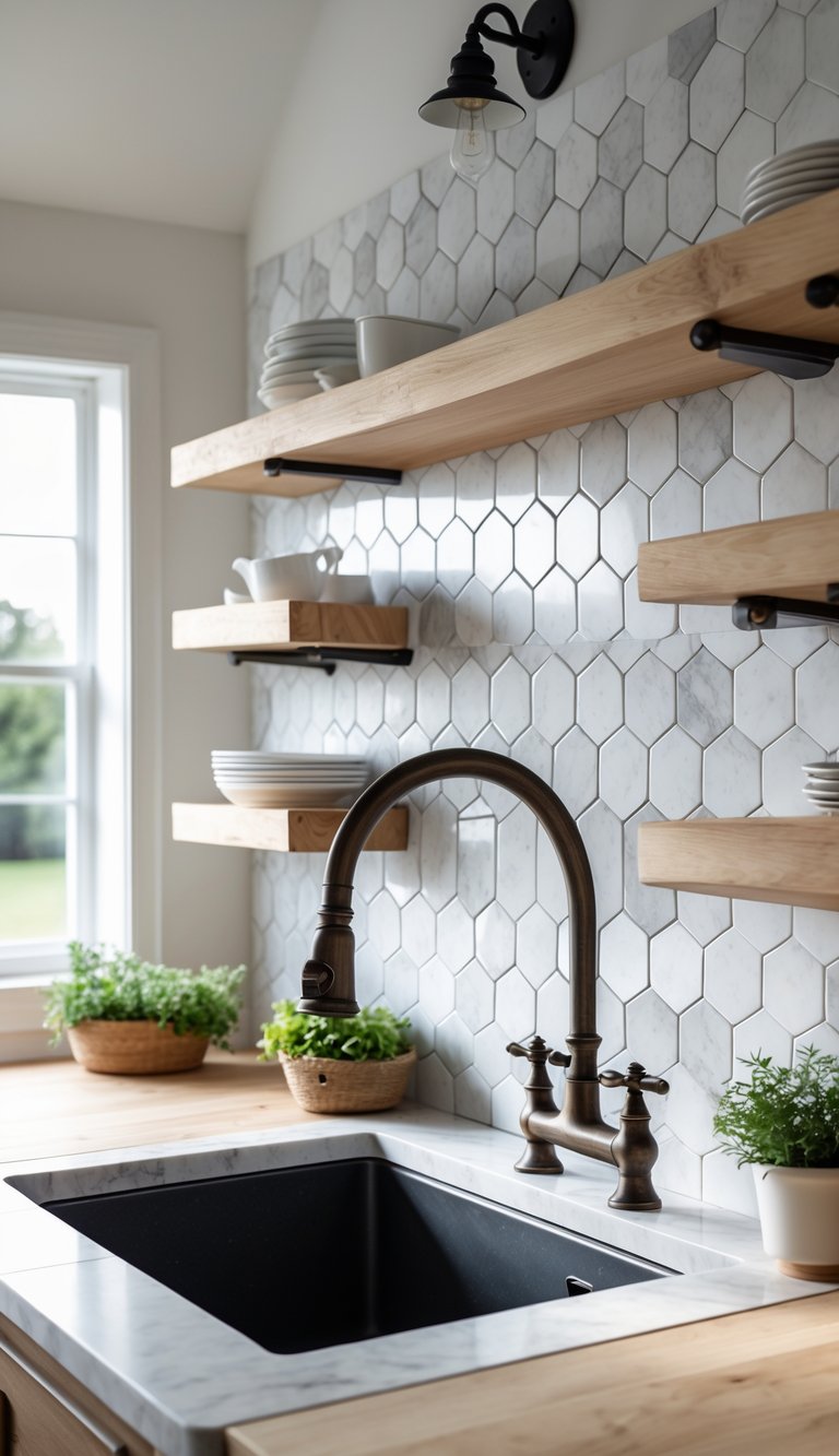 A farmhouse kitchen with a marble hexagon tile backsplash, wooden countertop, farmhouse sink, and open shelves with kitchenware and plants.