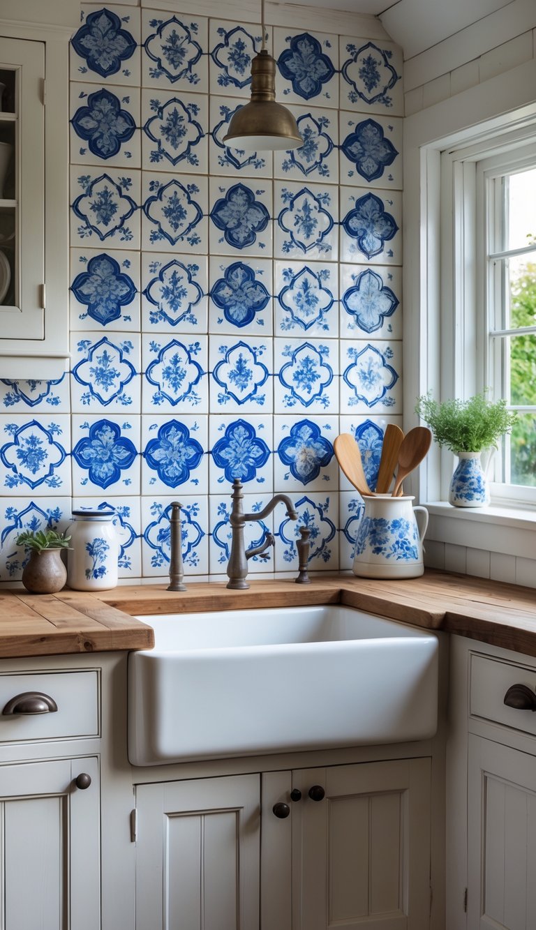 A farmhouse kitchen with a blue and white patterned tile backsplash, wooden countertop, white cabinets, and natural light.