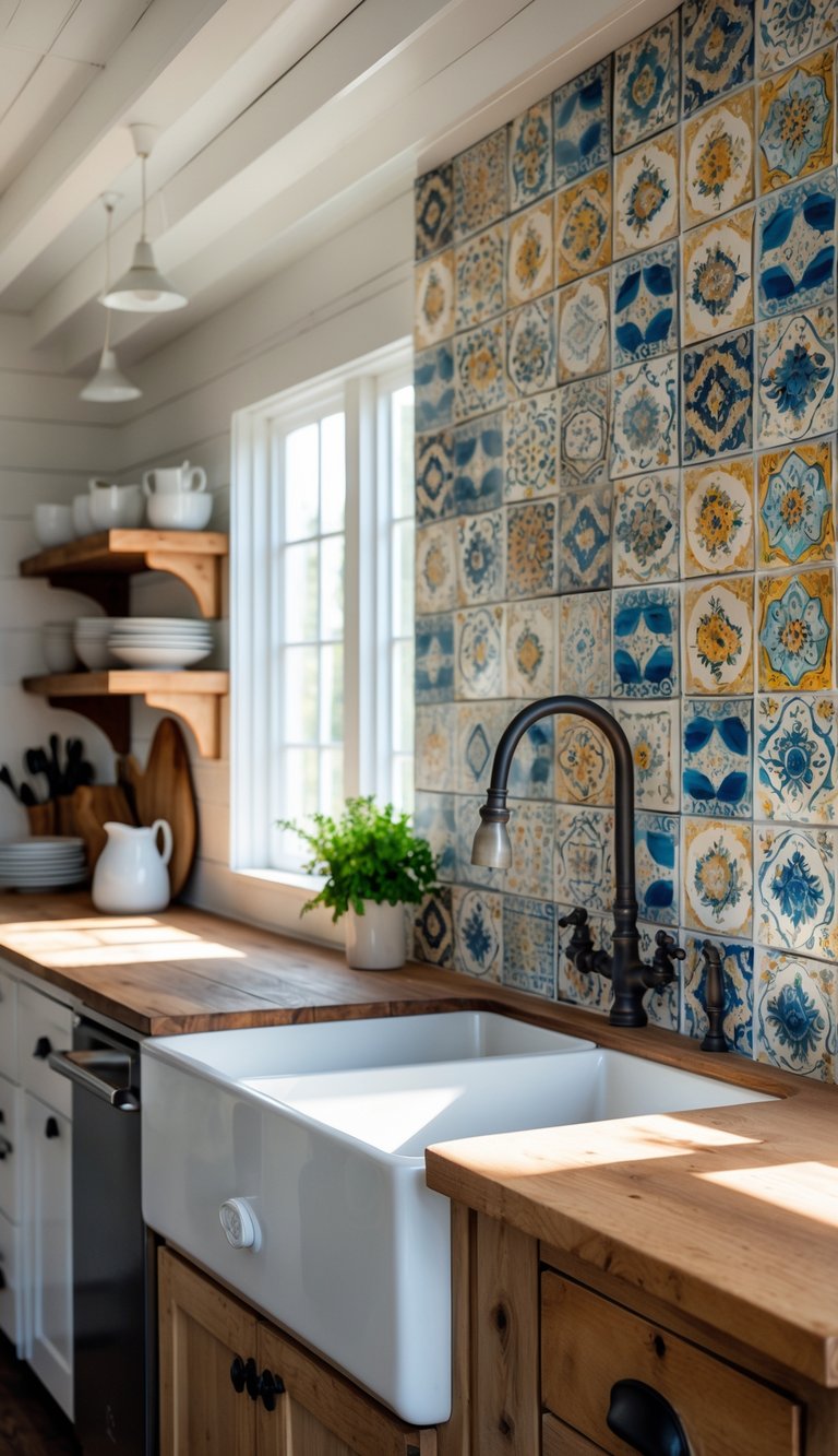 A farmhouse kitchen with a colorful hand-painted ceramic tile backsplash behind a white sink and wooden countertops, illuminated by natural light.