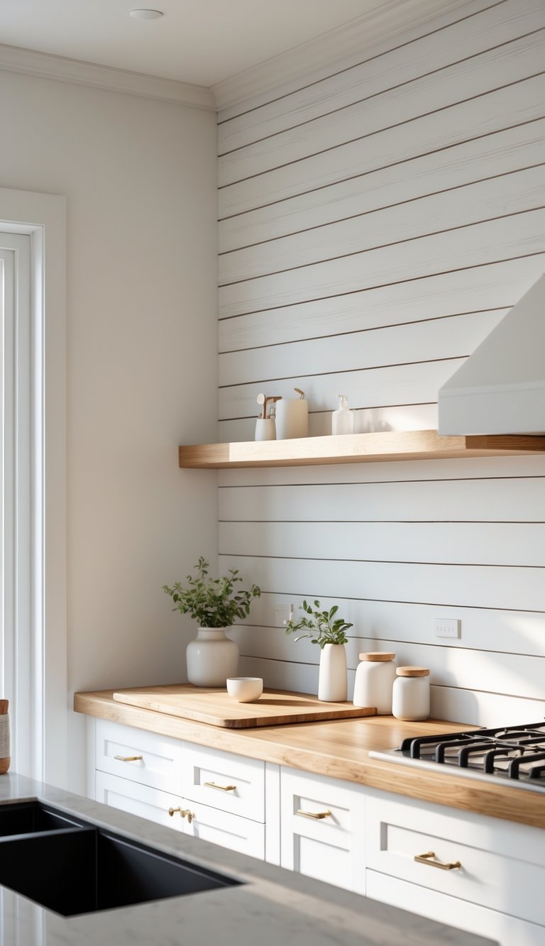 A bright kitchen with white cabinets and a shiplap wood panel backsplash behind the countertop.