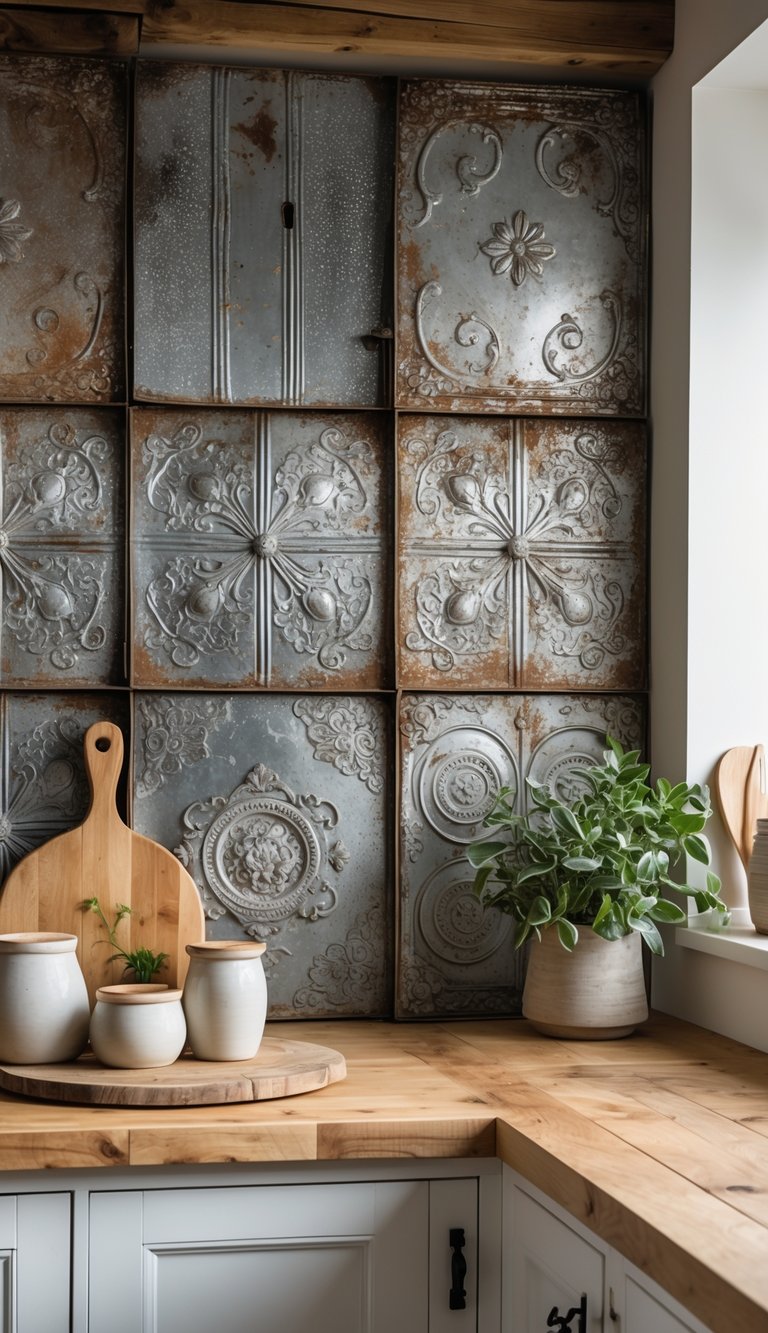 A farmhouse kitchen with a wooden countertop and a backsplash made of distressed tin panels featuring embossed patterns.