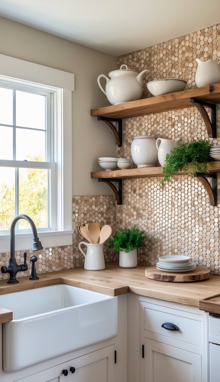A farmhouse kitchen with a white sink, wooden countertops, open shelves, and a backsplash made of small round mosaic tiles.
